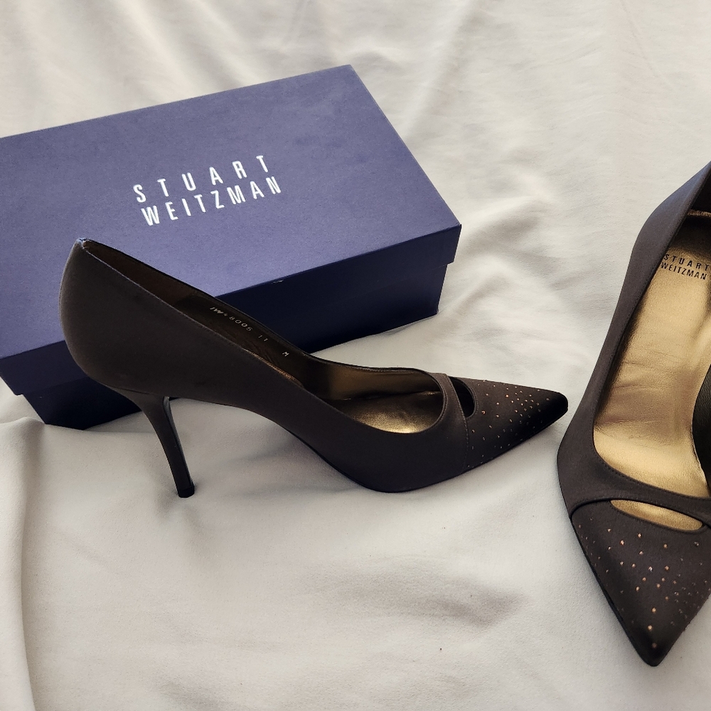 Stuart Weitzman Brown Satin Heels Sparkle Toe Detail 11M Orig $425 New in Box